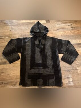 Men's Black & Gray Hooded Crewneck Sweater size Large L Mexican blanket Stripe